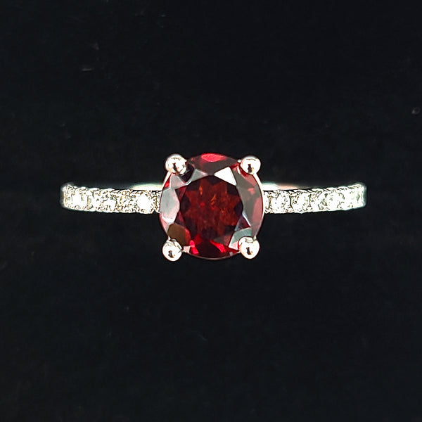14K White Gold Engagement Ring with Garnet Center and Diamonds