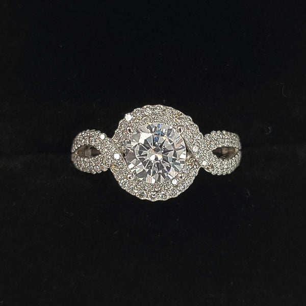 14K White Gold Halo Top Twisted Band Engagement Ring with Moissanite Center