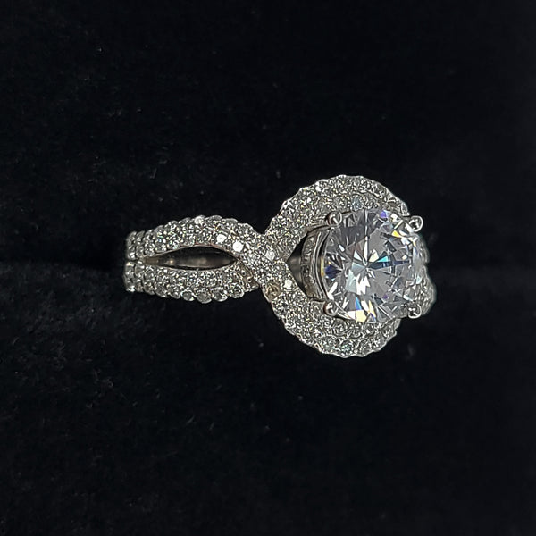14K White Gold Halo Top Twisted Band Engagement Ring with Moissanite Center