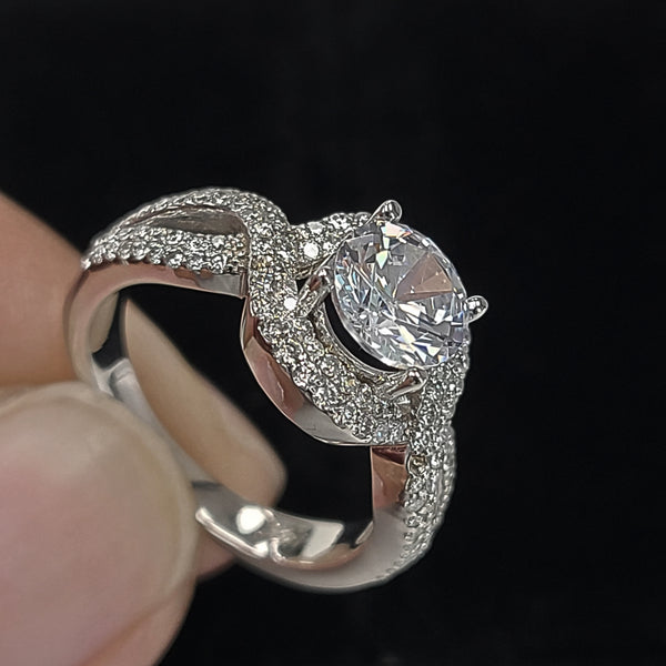 14K White Gold Halo Top Twisted Band Engagement Ring with Moissanite Center
