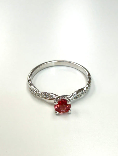 14K White Gold Pink Tourmaline Twisted Shank Ring With Diamonds