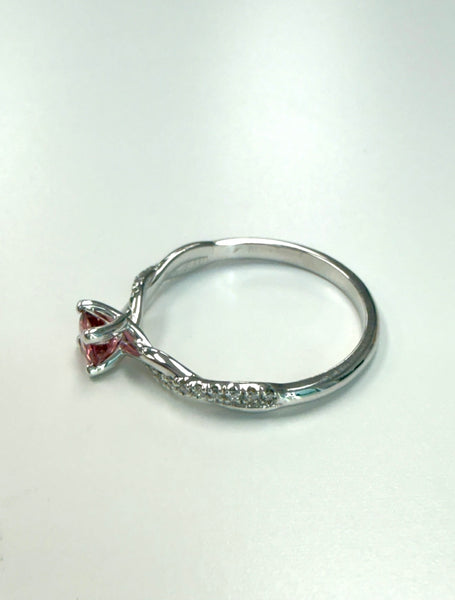 14K White Gold Pink Tourmaline Twisted Shank Ring With Diamonds