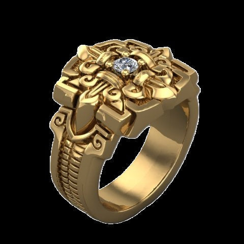 14K Gold Mesoamerican-Inspired Ring - Diamond or Gemstone of Your Choice