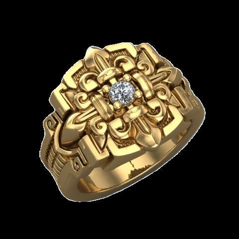 14K Gold Mesoamerican-Inspired Ring - Diamond or Gemstone of Your Choice