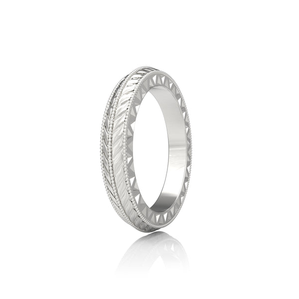 14K White Gold Band - Art Deco Engraved Carving Design